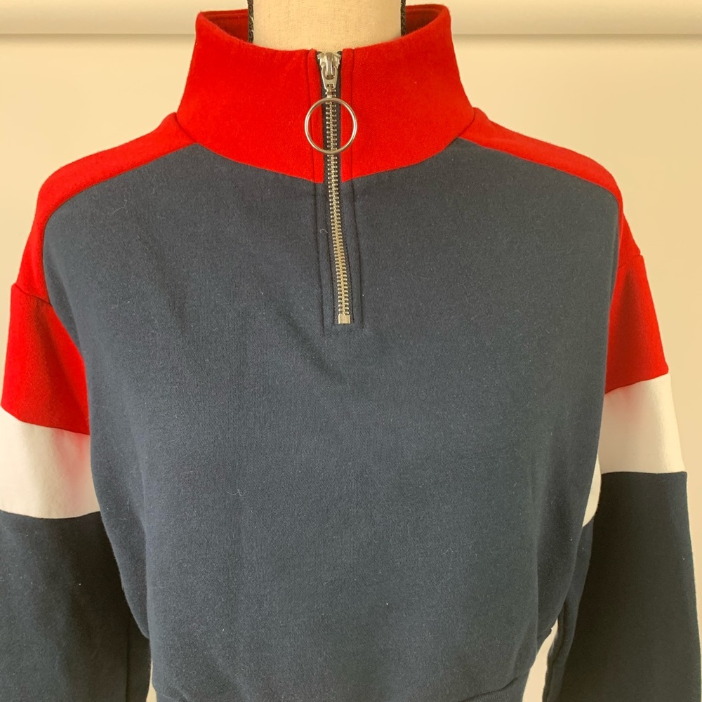 Divided Cropped Red Blue Pullover Sweatshirt